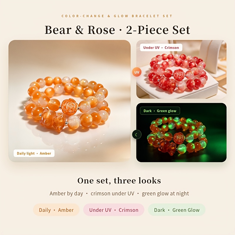 2pcs Cuddly Bear & Rose Bead Bracelet Set, Luminous Design